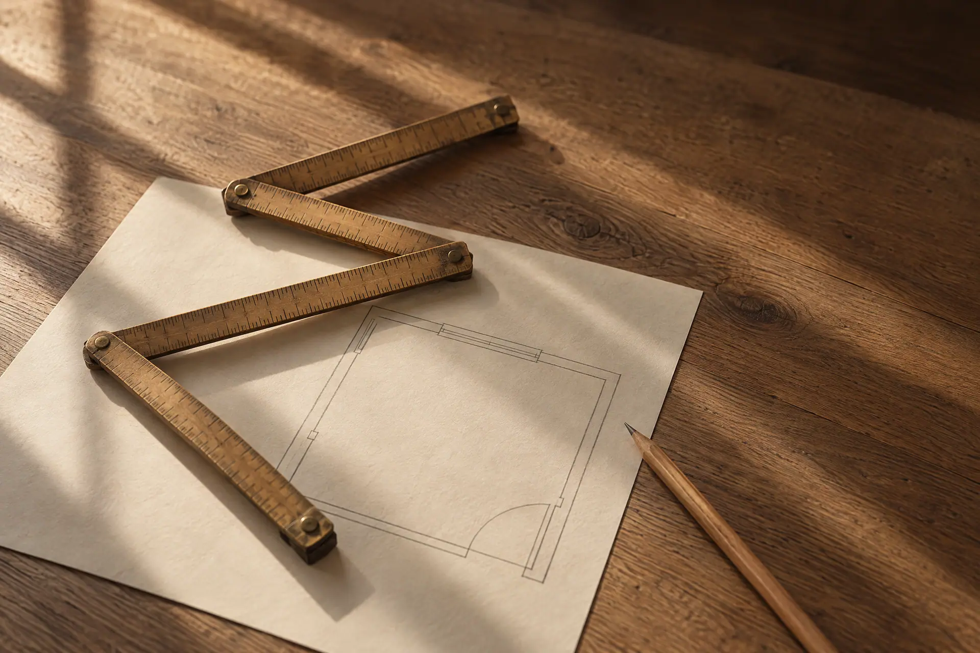 Folding wooden rule and a pencil on a hand-drawn floor plan, on an oak table