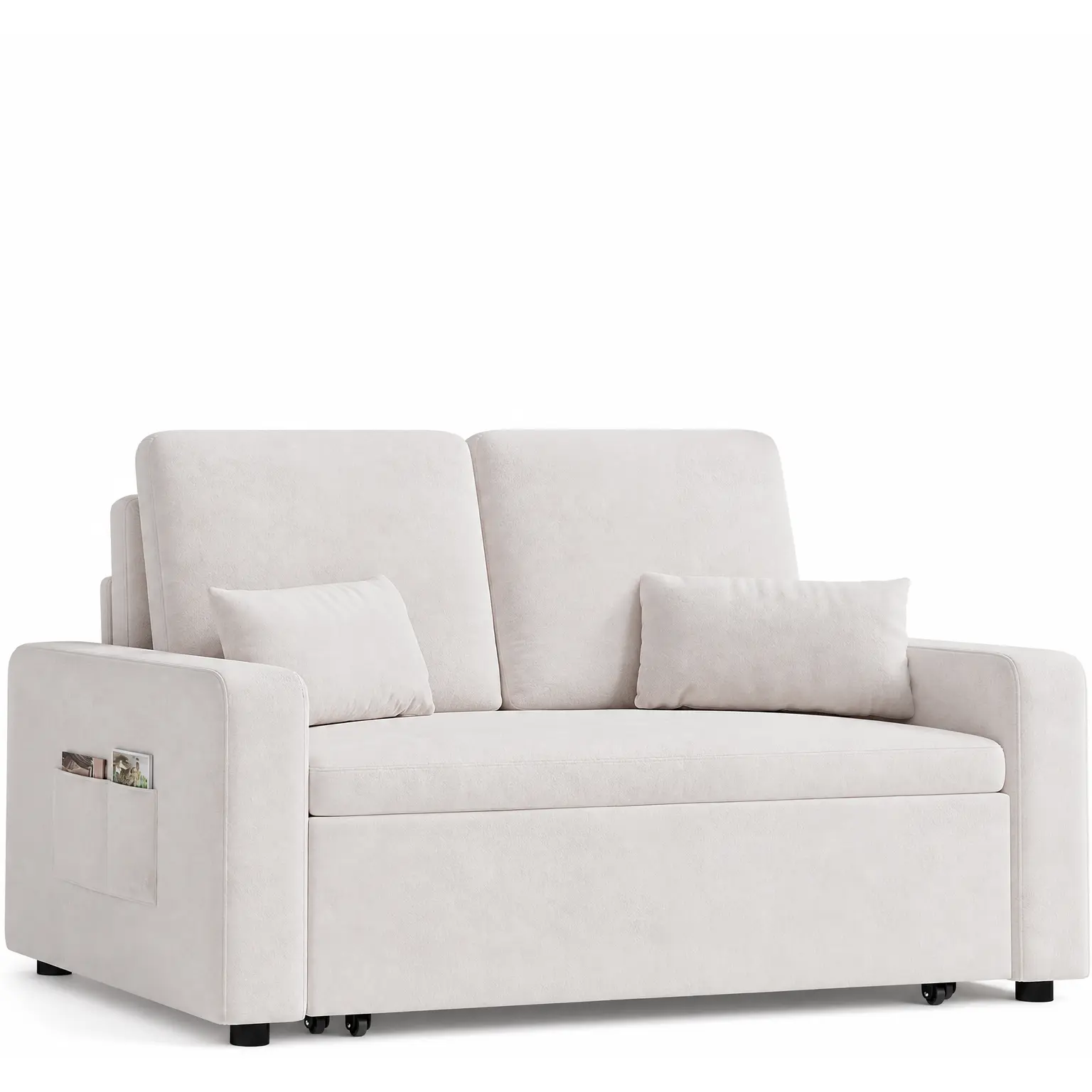 Two-seat sofa bed in pale beige fabric with two back cushions, two small cushions and a pocket in the left arm, on a white background