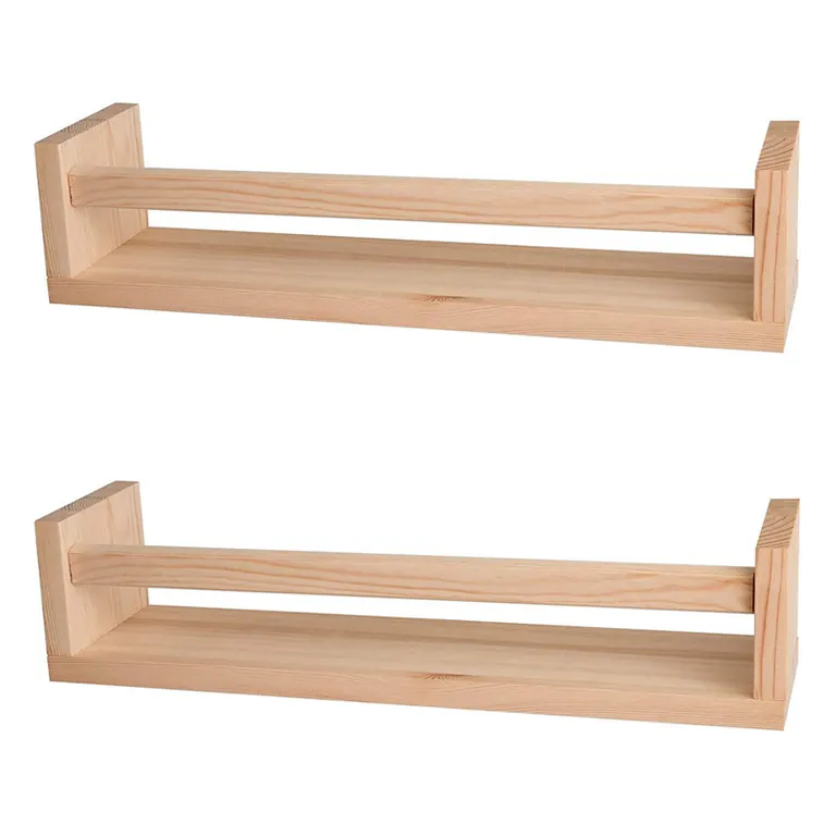 Two natural wood wall shelves with a front rail, on a white background