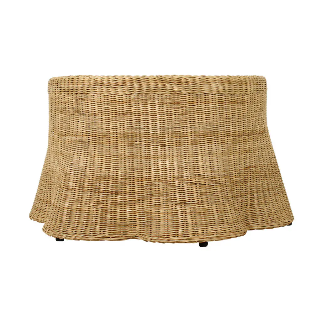 Round woven rattan coffee table with a scalloped lower edge, on a white background
