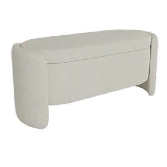 Oval storage bench upholstered in a textured off-white fabric, the lid seat set between two curved end panels, on a white background