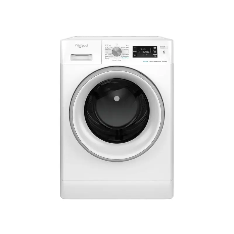 White freestanding washer-dryer with a silver-trimmed door, a programme dial and a digital display, on a white background